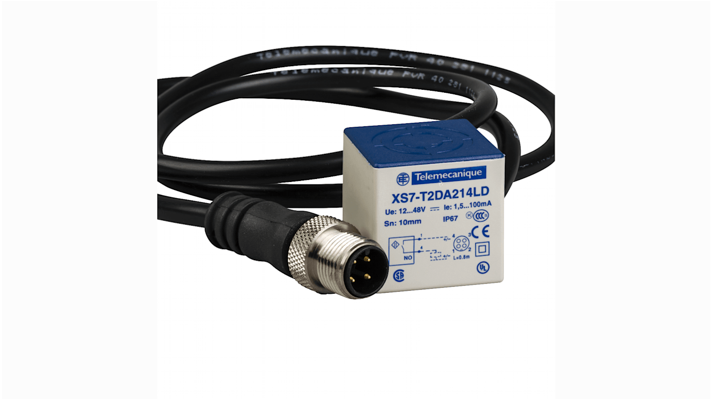 Sensore di prossimità induttivo Telemecanique Sensors XS7T2DA214LD, rilevamento 10 mm, con connettore M12, grado di protezione IP67.