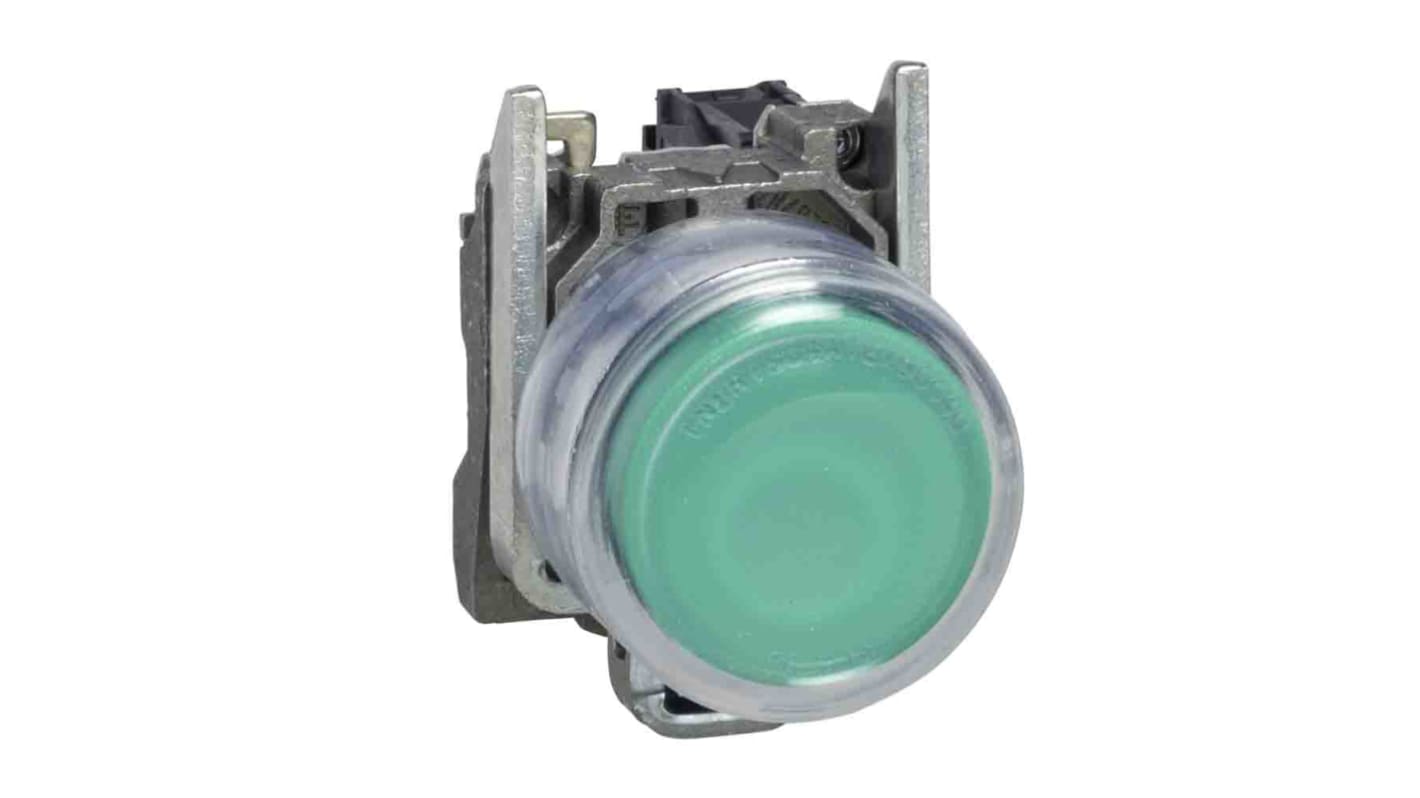 Pulsante SPST luminoso Schneider Electric, testa circolare verde, diametro foratura 22 mm, contatto NA, montaggio a vite.