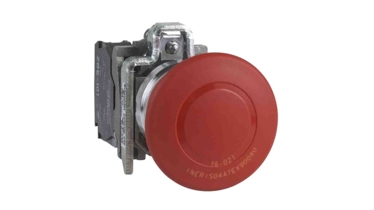 Pulsante di arresto di emergenza Schneider Electric XB4BT845EX, montaggio a pannello, diametro foro 22mm, protezione IP65, colore rosso.