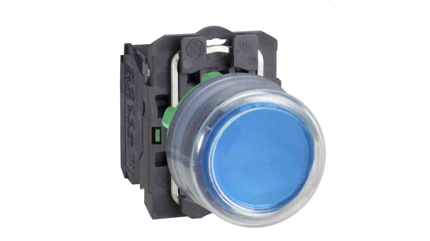 Pulsante rotondo Schneider Electric XB5AP61, blu, con protezione in silicone, diametro foratura 22 mm, resistente a urti e vibrazioni.
