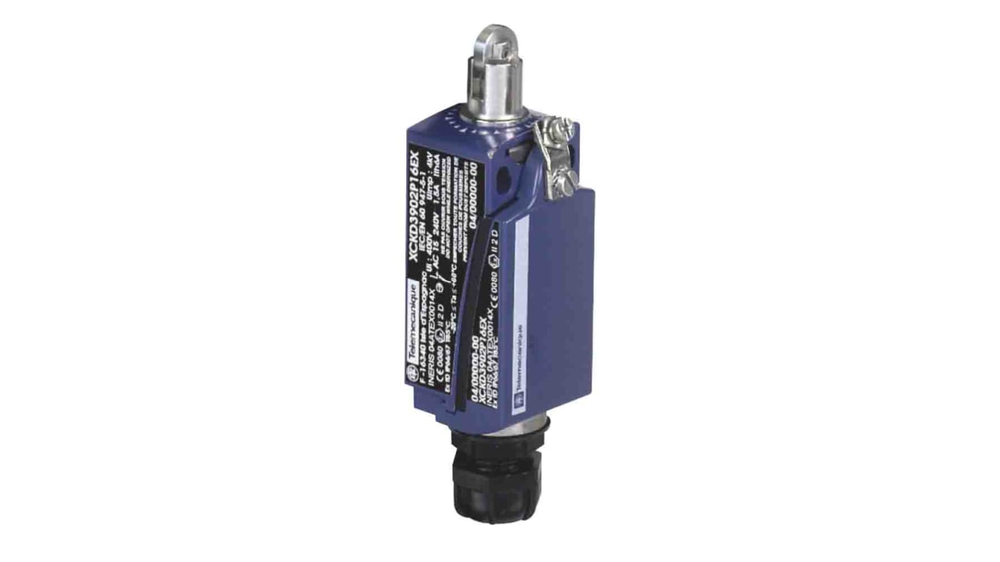Interruttore di fine corsa Telemecanique Sensors XCKD3902P16EX, tasto a rotella, 2NC/1NA, IP66/IP67, progettato per atmosfere esplosive.