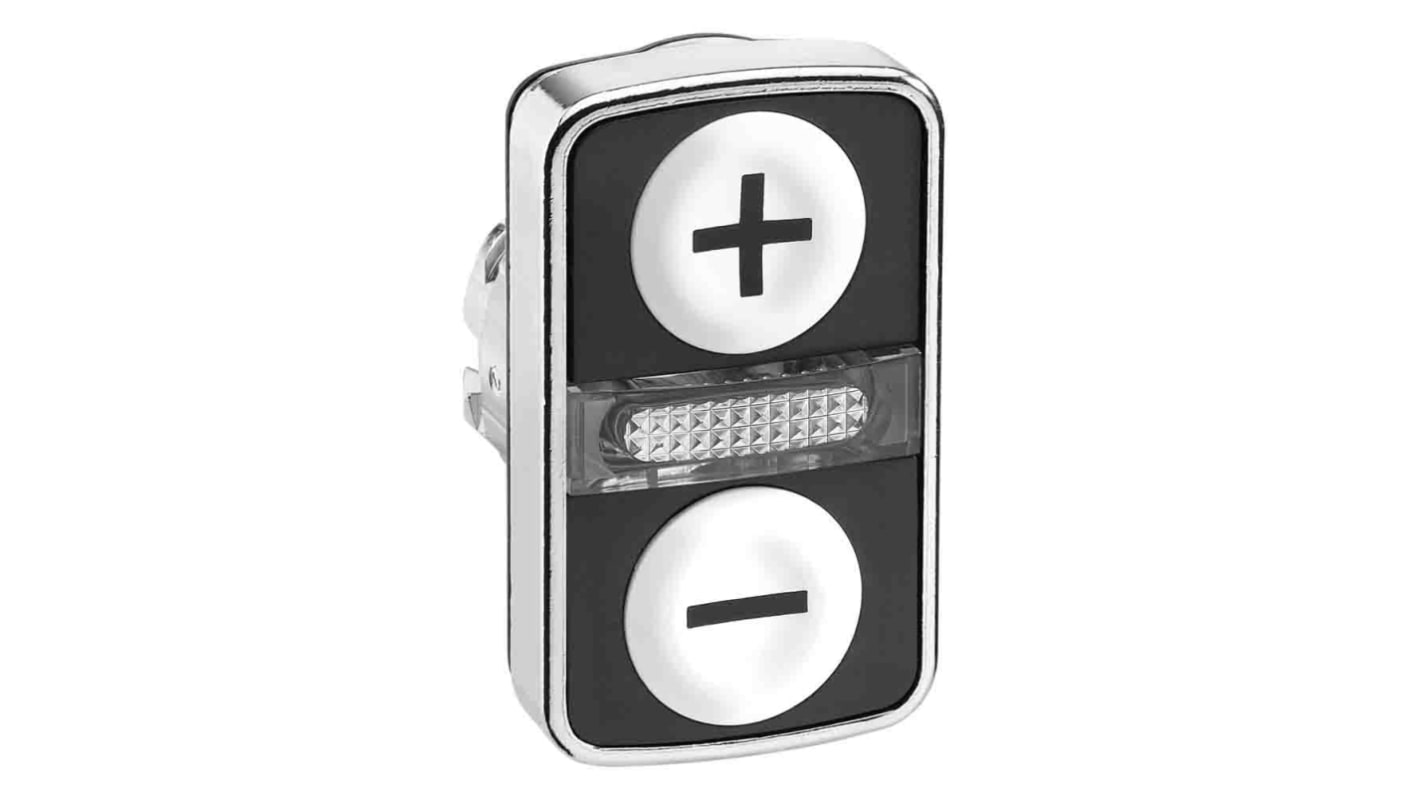 Attuatore pulsante instabile Schneider Electric Harmony XB4, doppia testa illuminata, 2 pulsanti bianchi, simboli "+" e "-".