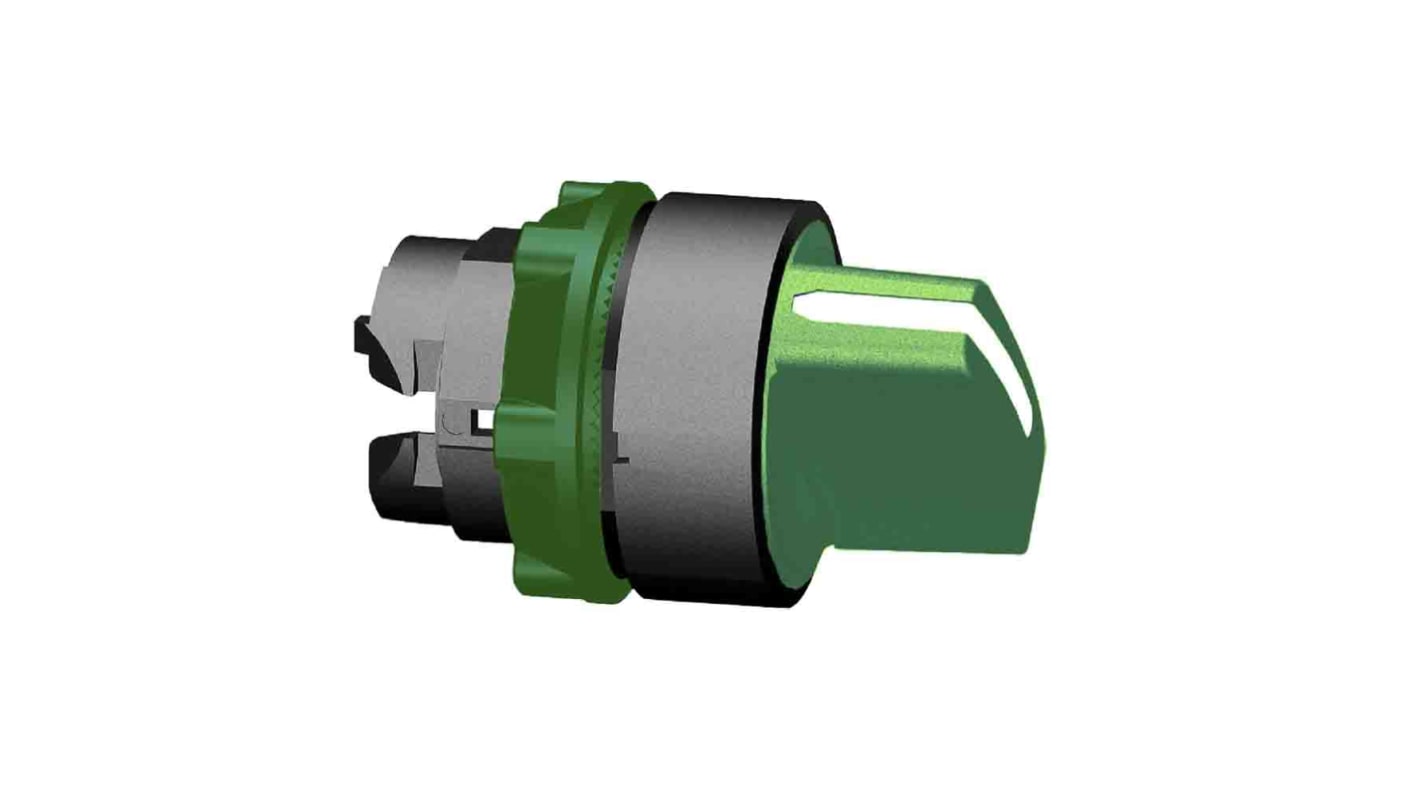Selettore a 2 posizioni Schneider Electric ZB5AD203, diametro foro 22mm, protezione IP67/IP69K, angolo di corsa 90 gradi, colore verde.