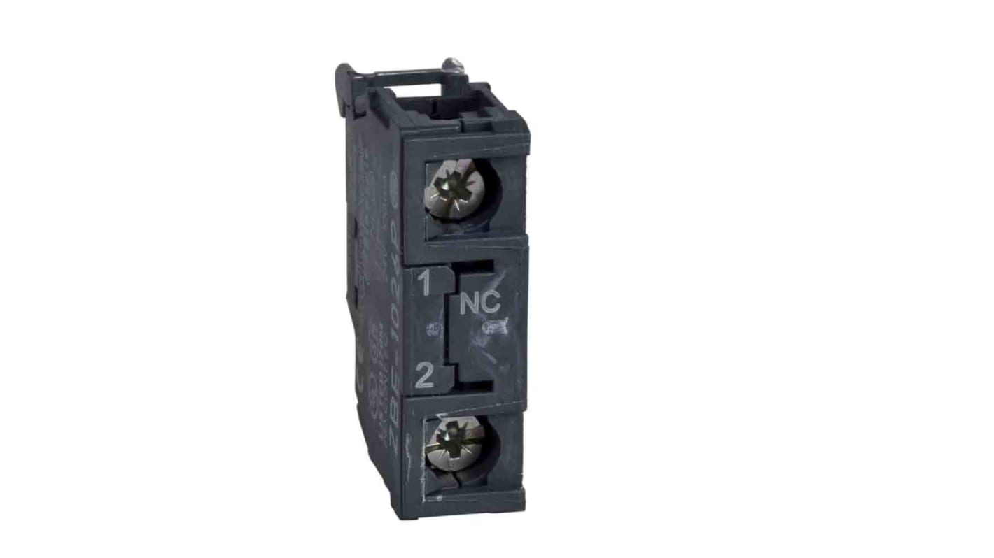 Blocco contatti Schneider Electric ZBE202, 1 N/C, 600V, 10A, con terminali a vite e collare di fissaggio per applicazioni industriali.