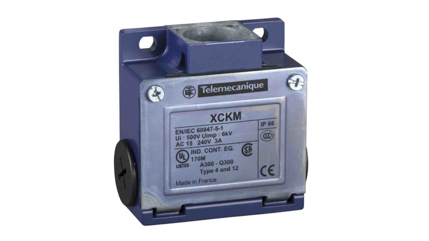 Interruttore di fine corsa Telemecanique Sensors ZCKM6, corpo metallico, IP66, 1NC/1NA, 240V, 10A, adatto per ambienti standard.
