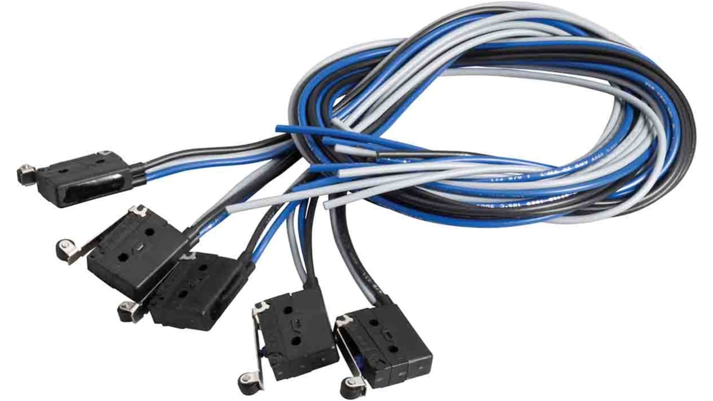 Microinterruttore Telemecanique Sensors XEP4E1FDA454 con leva a rullo in acciaio inox, approccio laterale e movimento lineare.