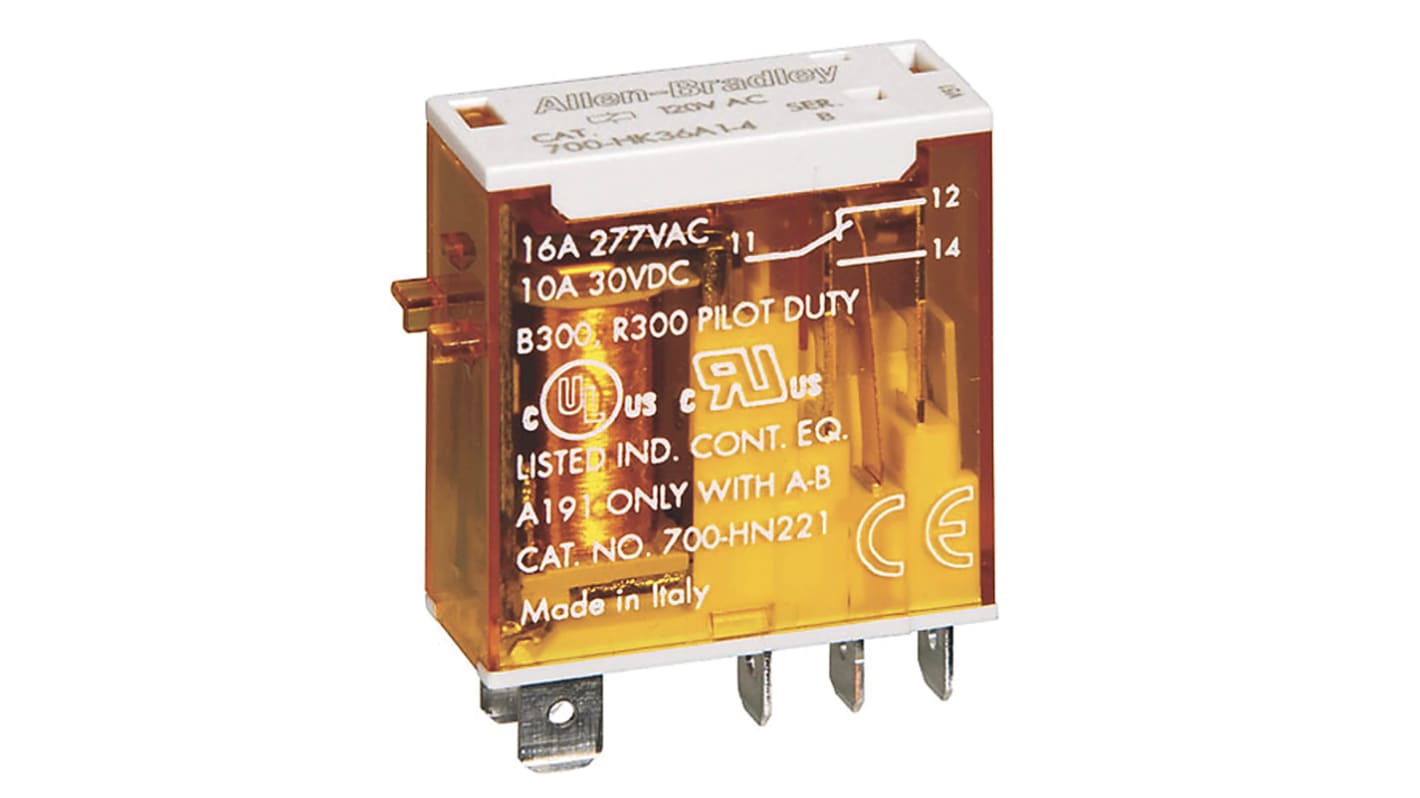 Relè monostabile Rockwell Automation 700-HK32Z24 DPDT 24V cc, contatti 8A, terminali a lama a innesto. Ideale per impieghi generali.