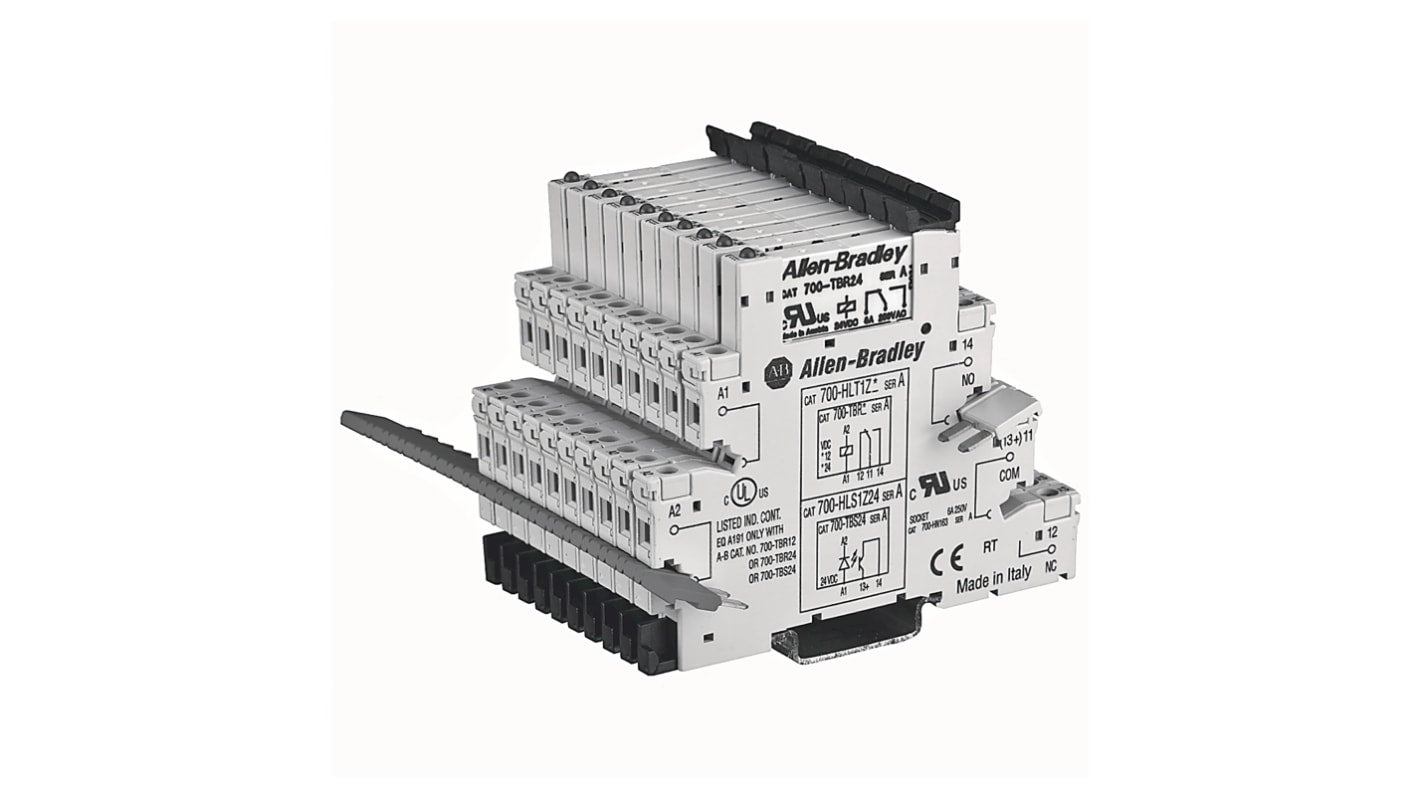 Relè di fasatura Rockwell Automation 700-HLS2Z24 con bobina 24V cc e uscita a stato solido per alta densità. Inclusi quattro funzioni di temporizzazione.