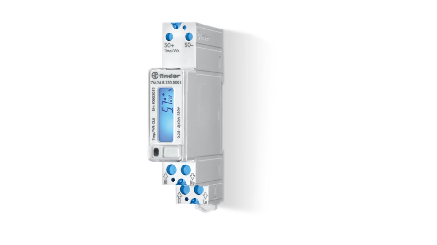 Finder 7M.24.8.230.0001, contatore monofase con display LCD 7 cifre, dimensioni 95.4 x 17.5 mm, uscita impulsi S0.