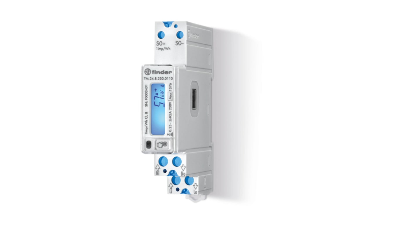 Finder 7M.24.8.230.0110, contatore di energia monofase con display LCD 7 cifre, dimensioni 95.4 x 17.5 mm, uscita impulsi S0.