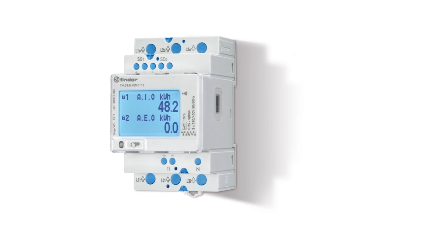 Finder 7M.38.8.400.0112, contatore di energia trifase con display LCD, dimensioni 95.4 x 52.5 mm, classe di precisione B.