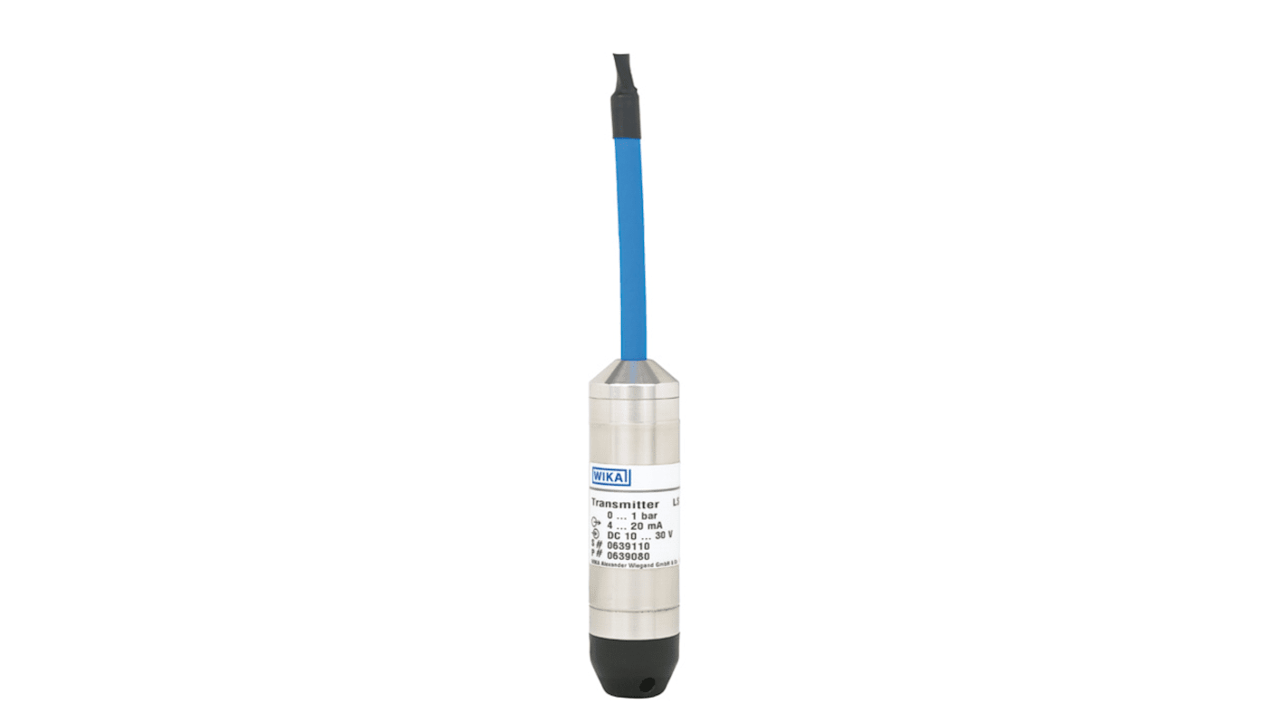 Trasmettitore di pressione a immersione WIKA 12241377, corpo in acciaio INOX, cavo 20 m, intervallo 0-1,6 bar.