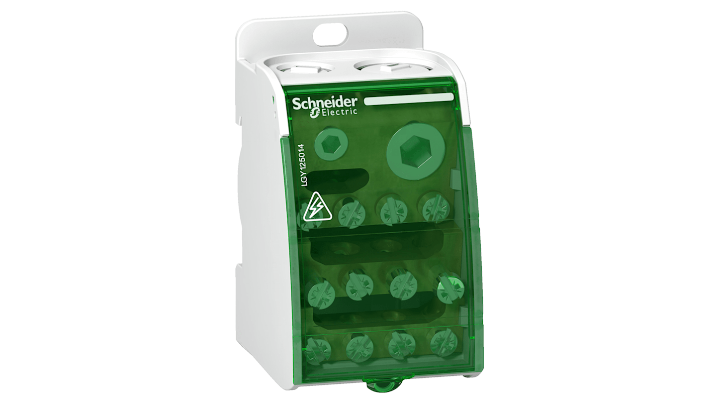 Blocco di distribuzione 1 via Schneider Electric, 250A, 230V, montaggio su guida DIN, dimensioni 50.5mm x 45mm x 85mm.