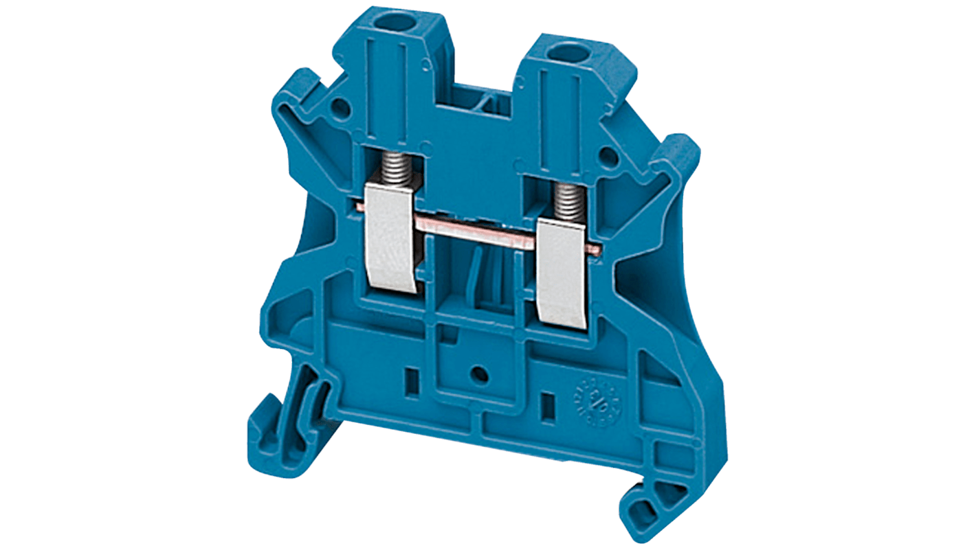 Morsettiera Passante Schneider Electric NSYTRV22BL blu 2,5 mm² con terminal a vite. Resistente da -40 a 130°C, montaggio a clip.