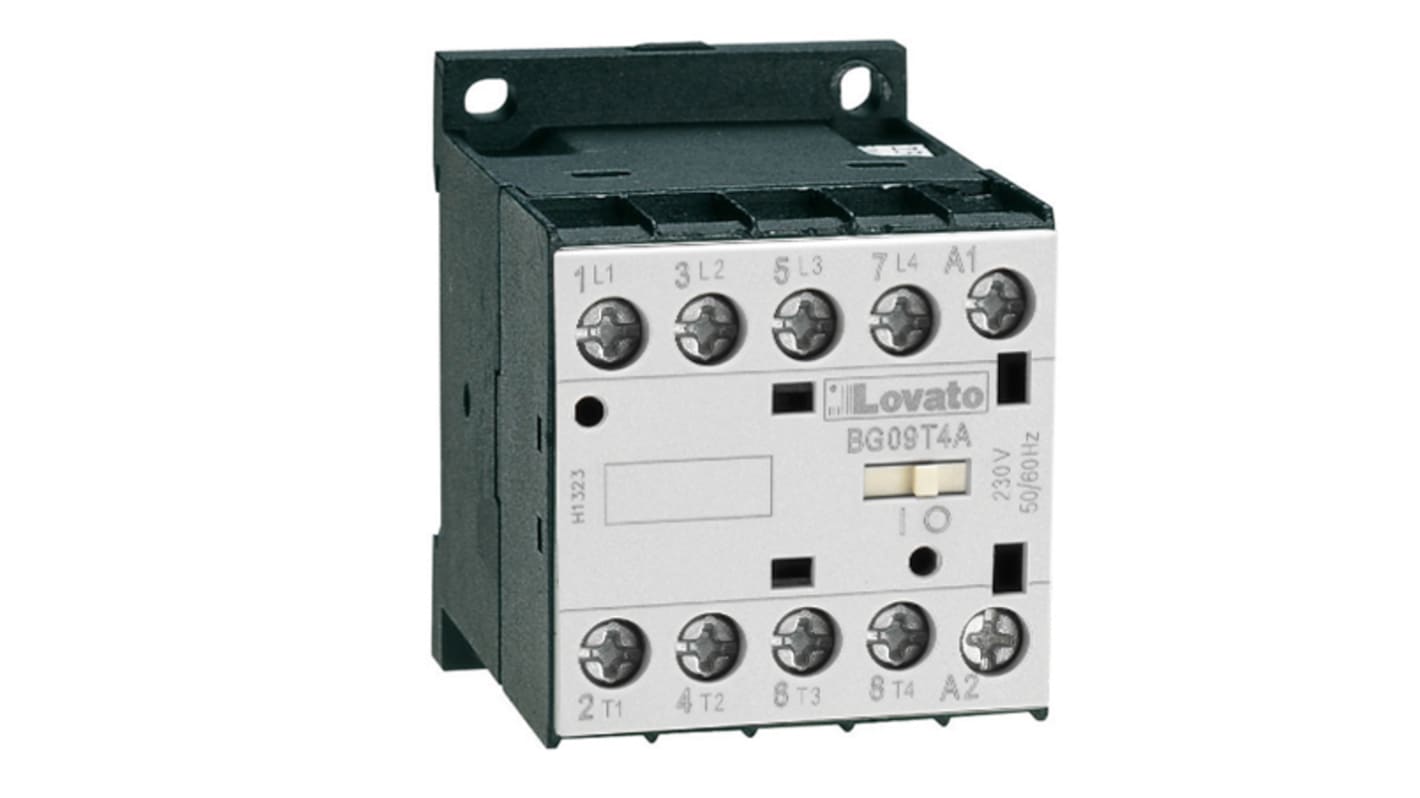 Contattore Lovato 11BG09T4D024, 4 poli, 20 A, bobina 24 V c.c., con 1 contatto ausiliario NA per applicazioni industriali.