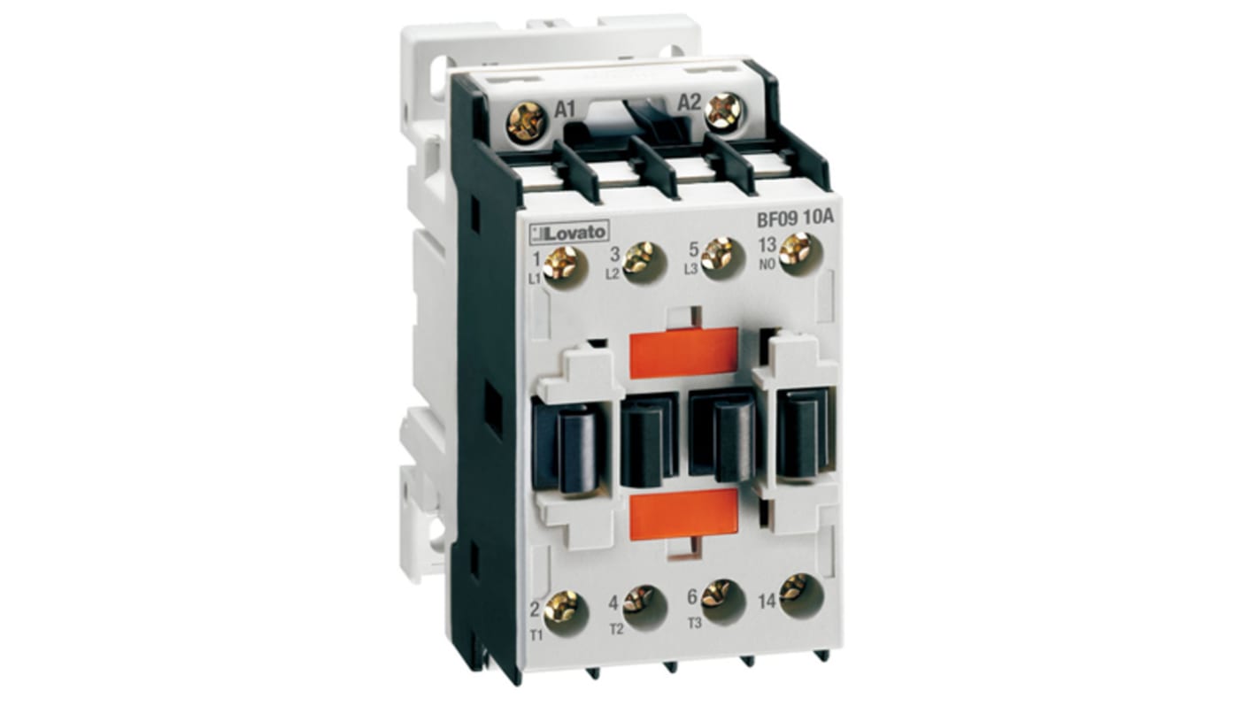 Contattore Lovato BF0901A230, 3 poli, 9 A, 230 V c.a., con contatto ausiliario 1 NC per il controllo di carichi elettrici.