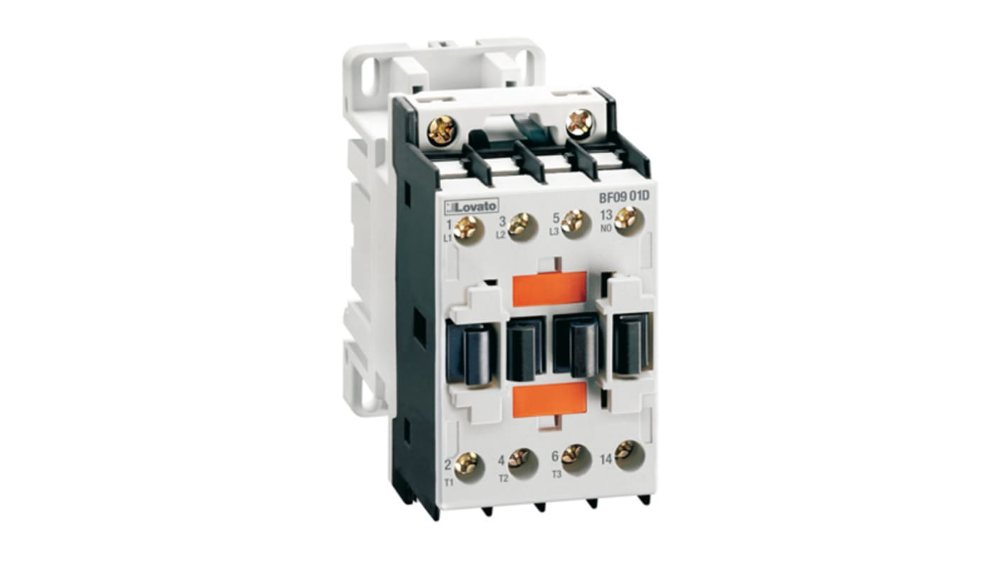 Contattore Lovato BF0901D024, 3 poli, 9 A, 1 NC, bobina 24 V c.c., montaggio su guida DIN, compatto e affidabile.