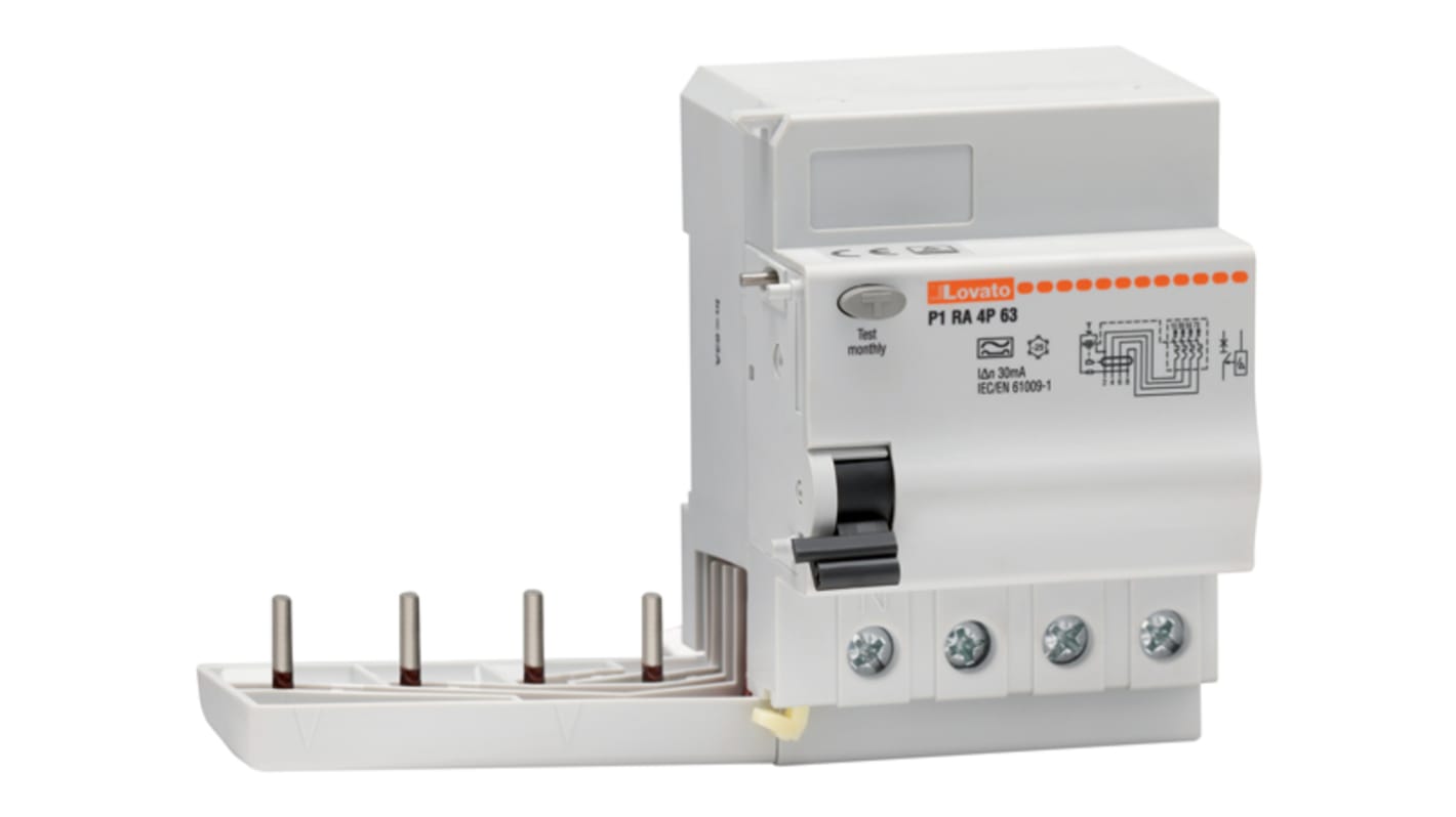 Interruttore magnetotermico Lovato P1RA, 4 poli, 63A, montaggio su guida DIN, protezione Tipo A contro il fuoco.