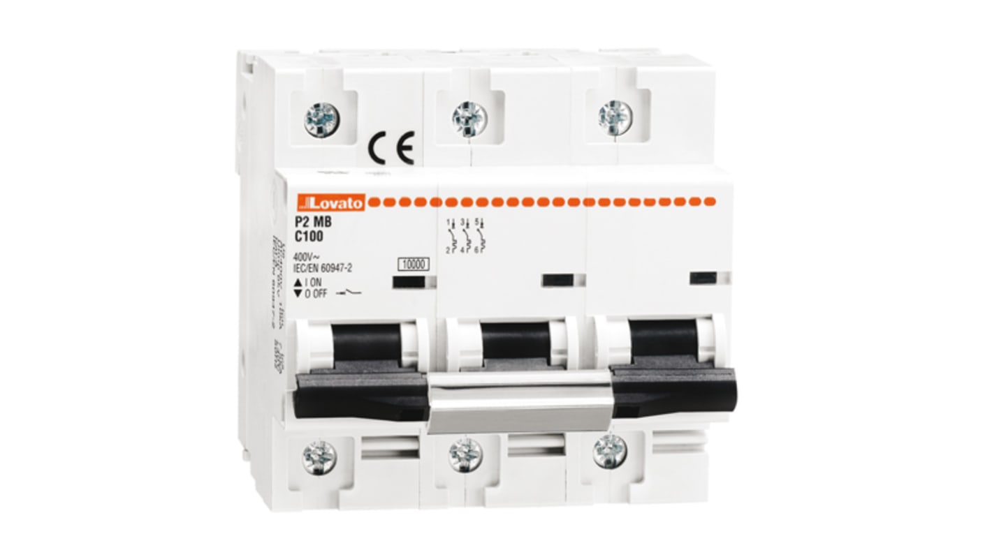 Interruttore magnetotermico Lovato P2MB3PD080, 3 poli, 80A, montaggio su guida DIN, caratteristica Tipo D.