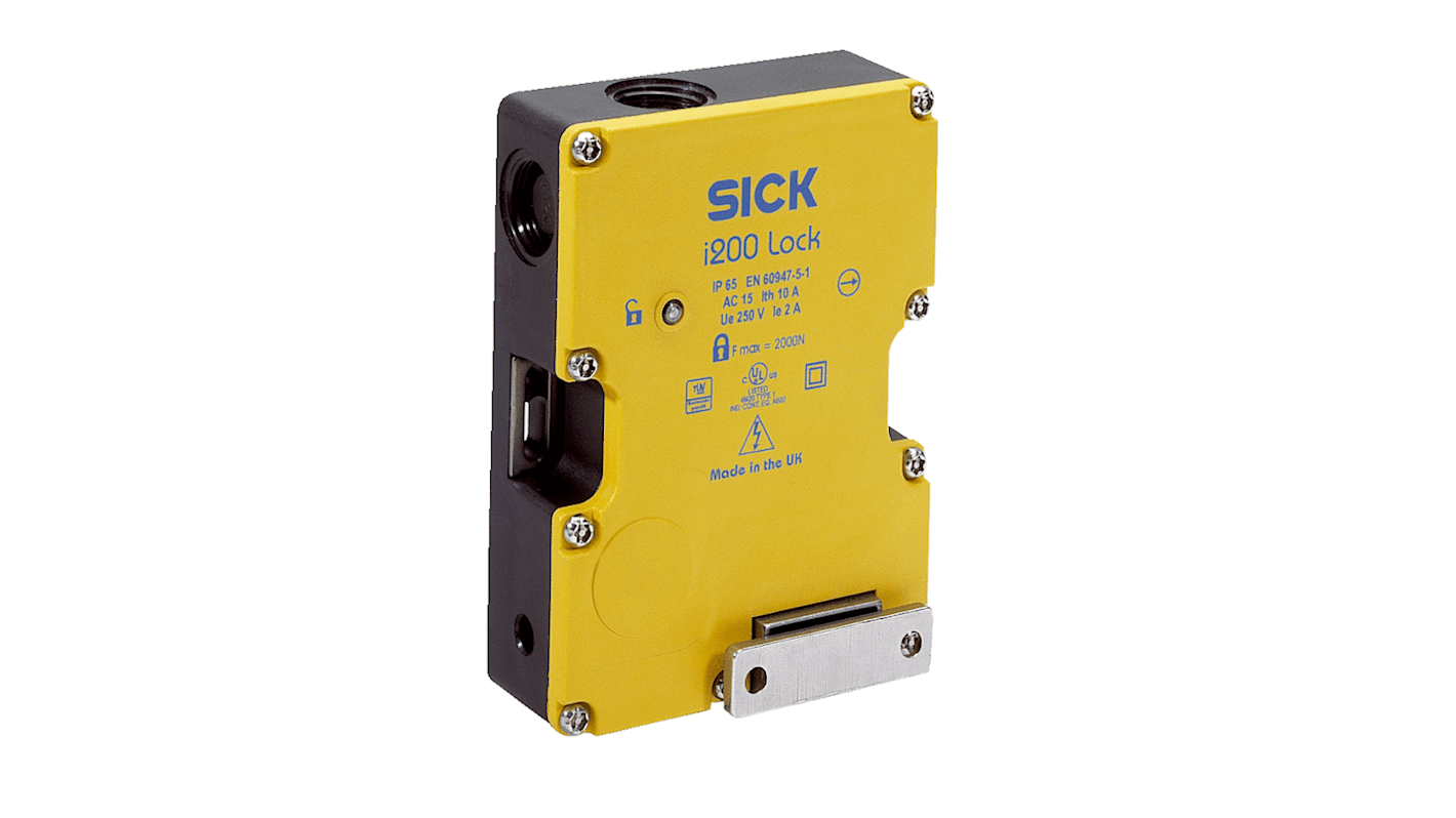 Interruttore di interblocco a solenoide Sick i200-M0413Lock, 24V cc, 2NA/3NC, con contenitore in plastica e testa in metallo, per monitoraggio di porte e serrature.