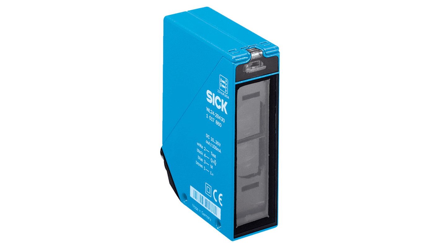Sensore fotoelettrico rettangolare Sick WL24-2B440 a retroriflessione, con gamma di rilevamento 220 mm e uscita NPN/PNP.