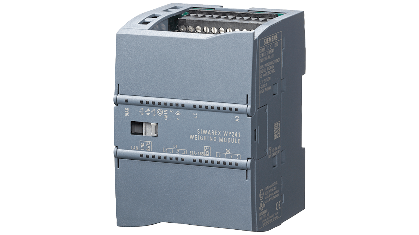 Modulo di pesatura Siemens 7MH4960-4AA01, SIWAREX WP241 per SIMATIC S7-1200, con quattro ingressi digitali e un'uscita analogica.