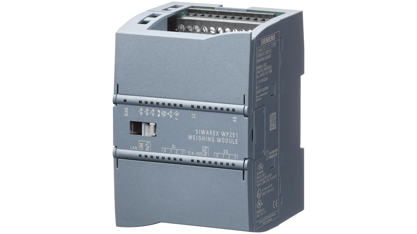 Modulo di pesatura Siemens 7MH4960-6AA01, SIWAREX WP251, per SIMATIC S7-1200, con quattro ingressi digitali e uscita analogica.