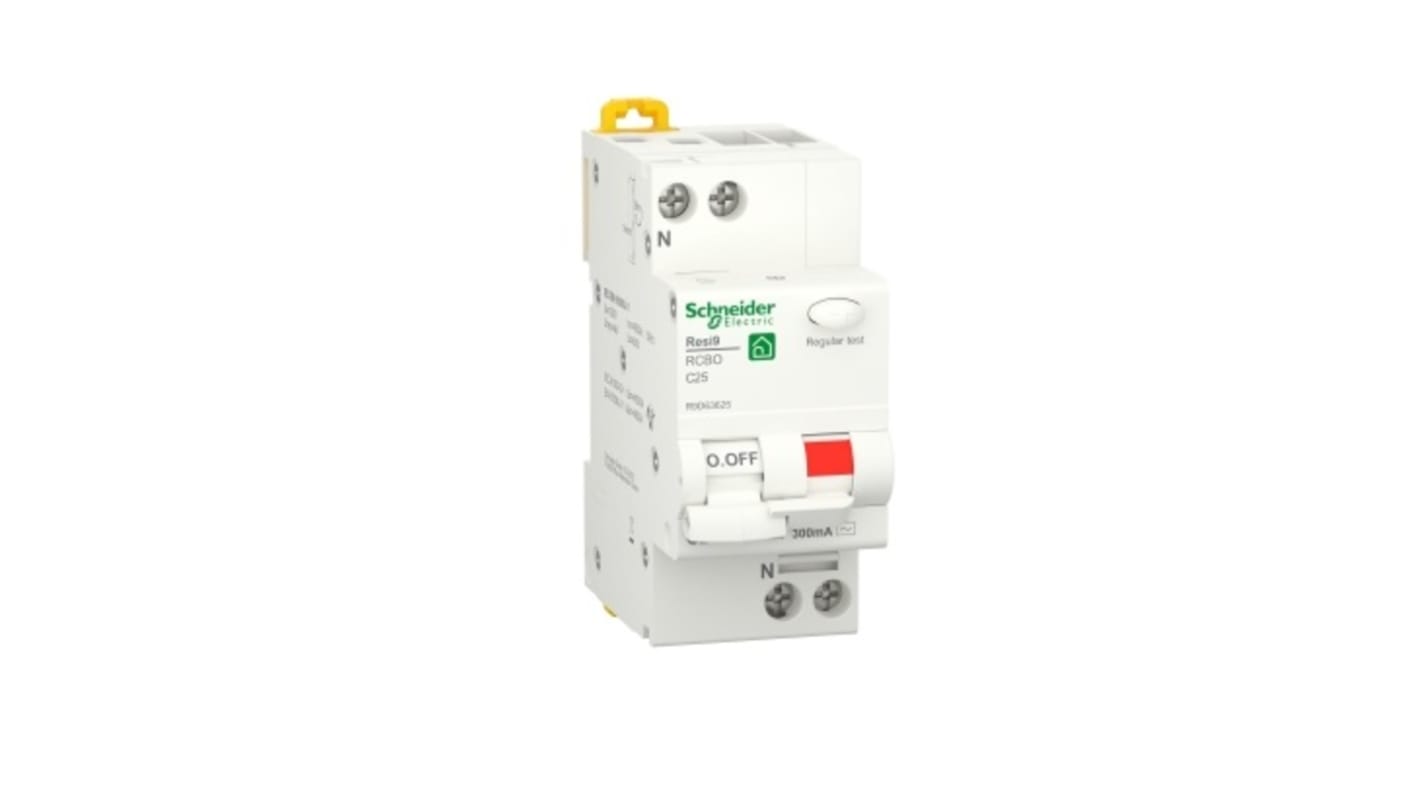 Interruttore automatico monofase Schneider Electric R9D63625, 25 A, 300 mA, montaggio su guida DIN, colore bianco, IP20.