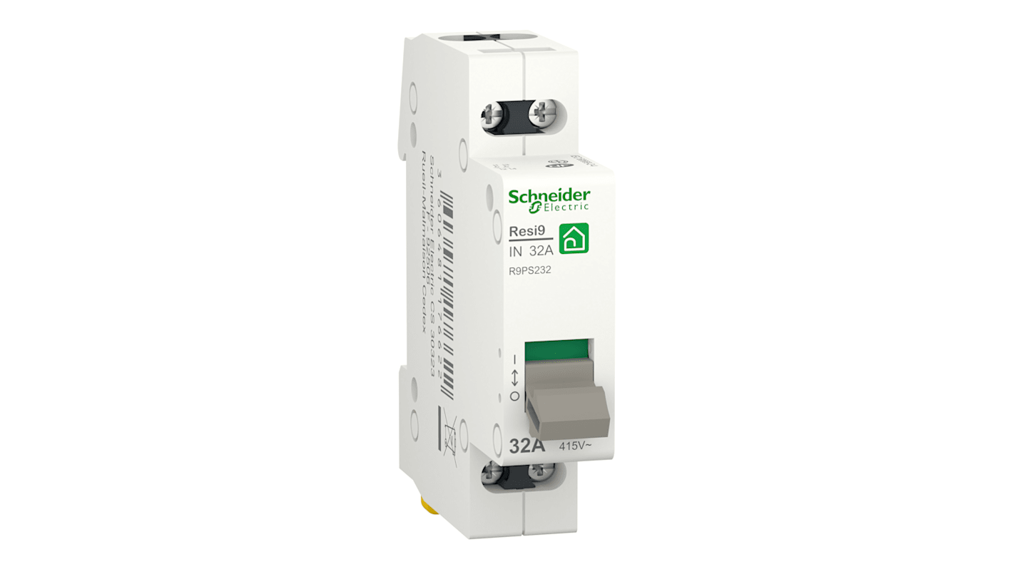 Sezionatore manuale Schneider Electric R9PS232, 2 poli, 32 A, montaggio su guida DIN, grado di protezione IP20.