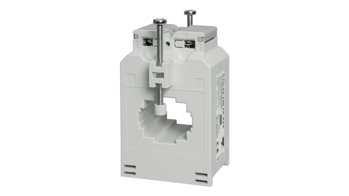 Trasformatore di corrente Carlo Gavazzi CTD2X2505AXXX, rapporto 250:5, montaggio su guida DIN, dimensioni 104x56mm.