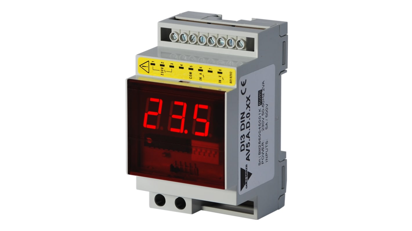 Misuratore digitale multifunzione da pannello Carlo Gavazzi DI372AV5AD0XX, display LED 3 cifre, montaggio a pannello, dimensioni 72x72 mm.