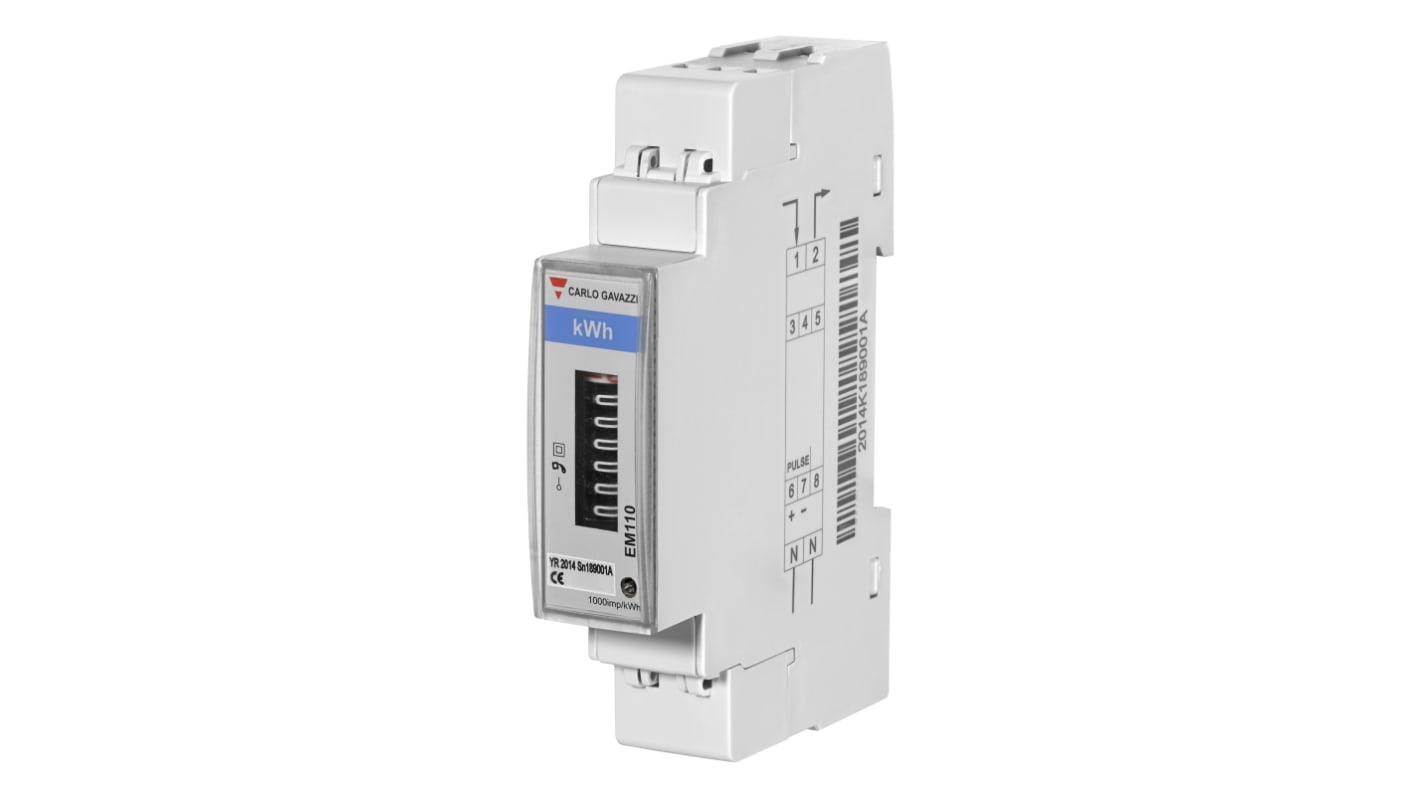 Contatore di energia monofase Carlo Gavazzi EM110DINAV81XO1X, display a 7 cifre, misurazione fino a 300 A, porta M-Bus.