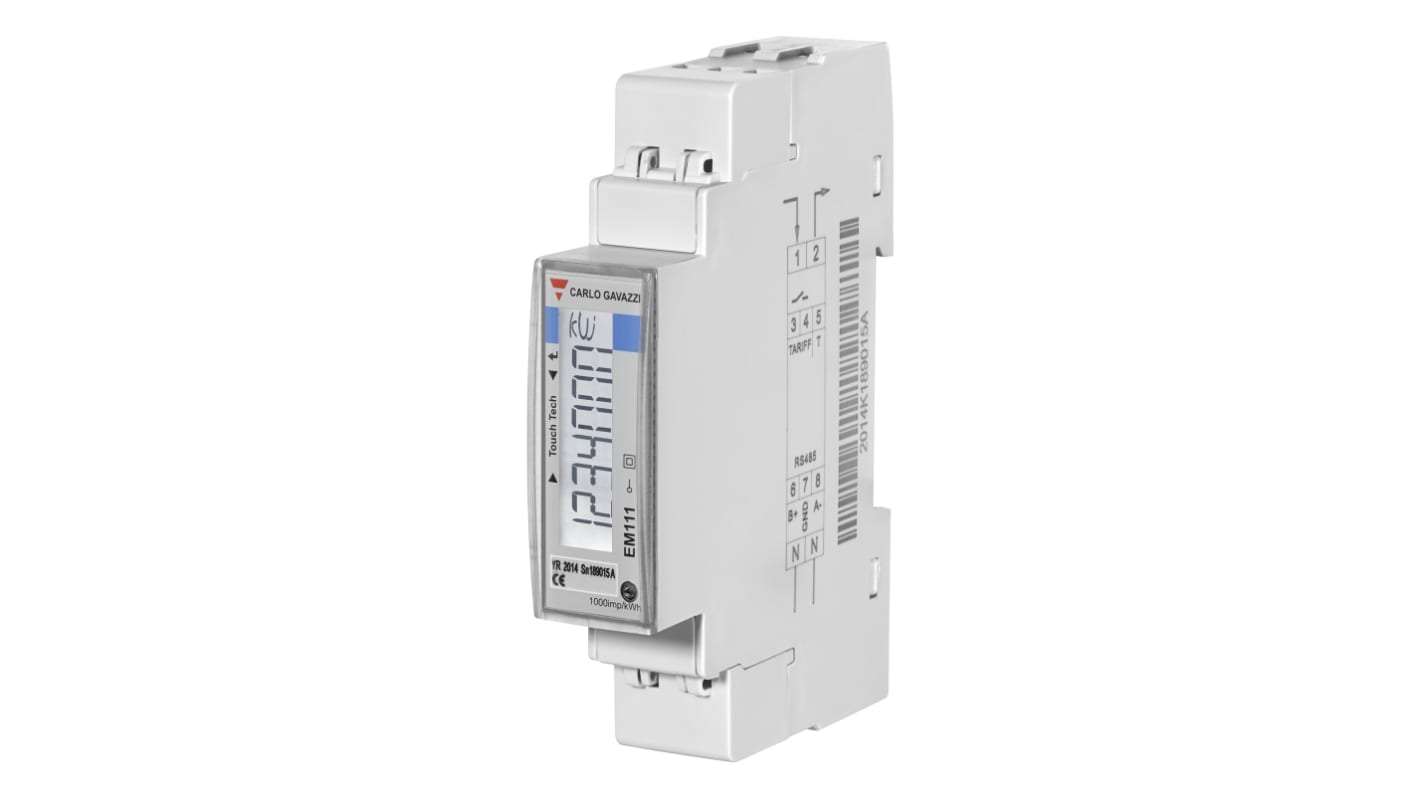 Contatore di energia monofase Carlo Gavazzi EM111DINAV81XM1X, display LCD 7 cifre, misurazione fino a 300 A, dimensioni 91,5x17,5 mm.