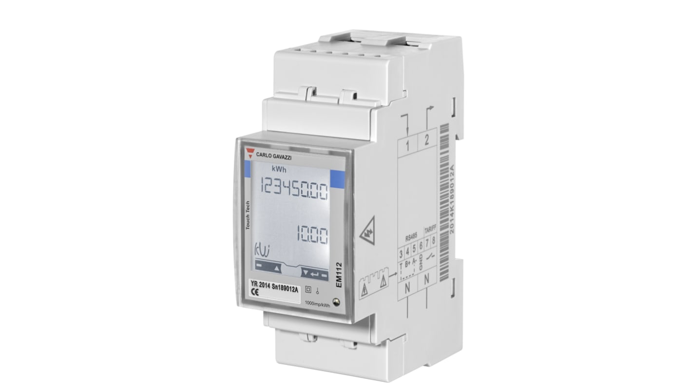 Contatore di energia monofase Carlo Gavazzi EM112DINAV01XS1PFB, display LCD retroilluminato, montaggio su guida DIN, misurazione fino a 100 A.