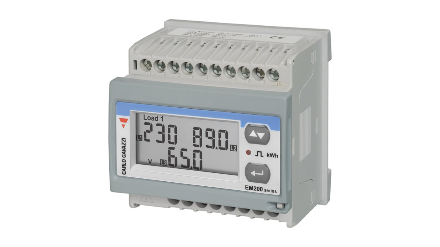 Contatore di energia trifase Carlo Gavazzi EM21072DAV53XOXX, display LCD 7 cifre, montaggio su guida DIN, dimensioni 72mm x 72mm.