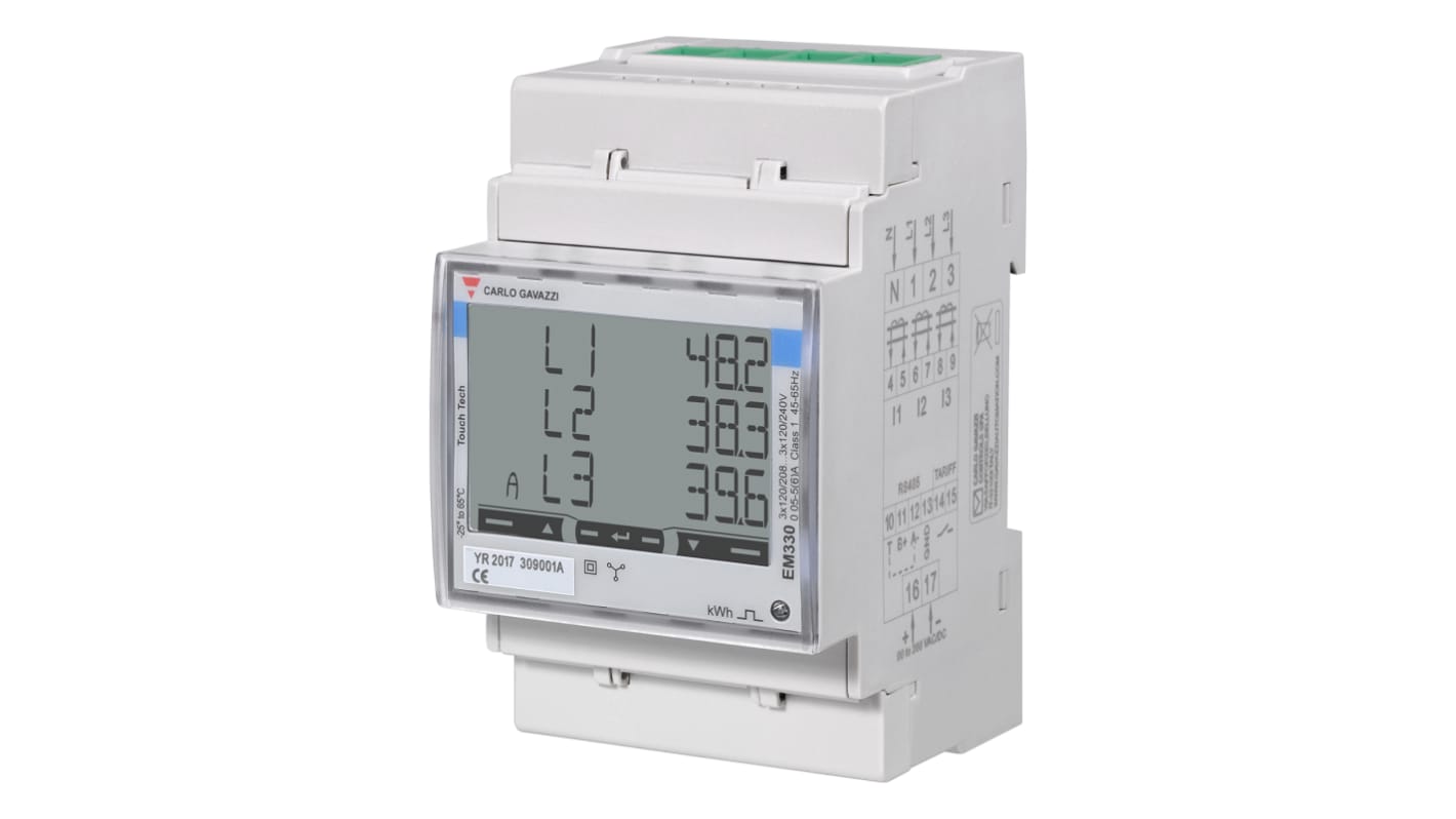 Contatore di energia trifase Carlo Gavazzi EM330DINAV53HO1PFB, display LCD 8 cifre, gestione doppia tariffa, dimensioni 72mm x 72mm.