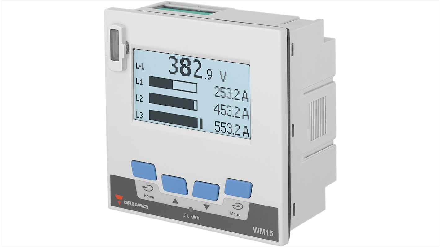 Carlo Gavazzi WM1596AV53XOSX, misuratore digitale multifunzione per analisi di potenza, dimensioni 96x96mm, profondità 58mm.