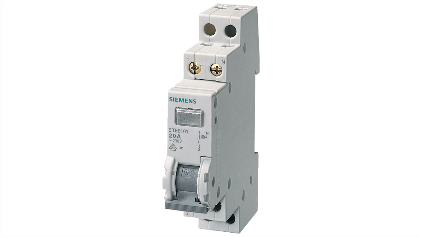 Interruttore sezionatore Siemens 5TE8102, 2 poli, 20A, progettato per impianti industriali e quadri elettrici.
