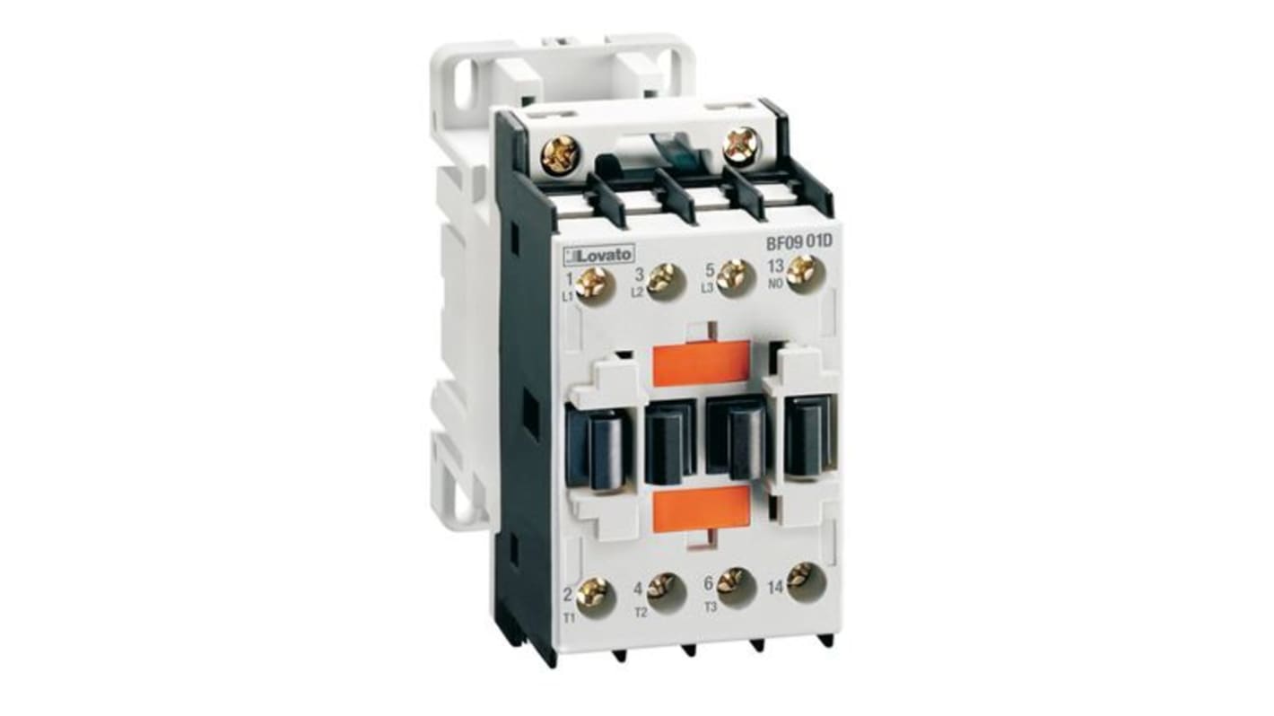 Contattore Lovato BF1210L024, 3 poli, 12 A, 10 kW, bobina 24 V c.c., montaggio fino a 8 unità ausiliarie.