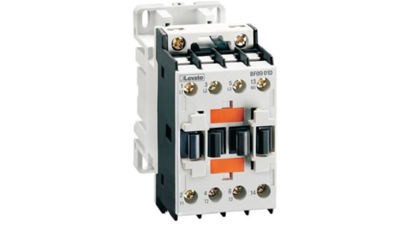 Contattore Lovato BF2510L024, 3 poli, 25 A, 11 kW, bobina 24 V c.c., montaggio fino a 8 moduli ausiliari.