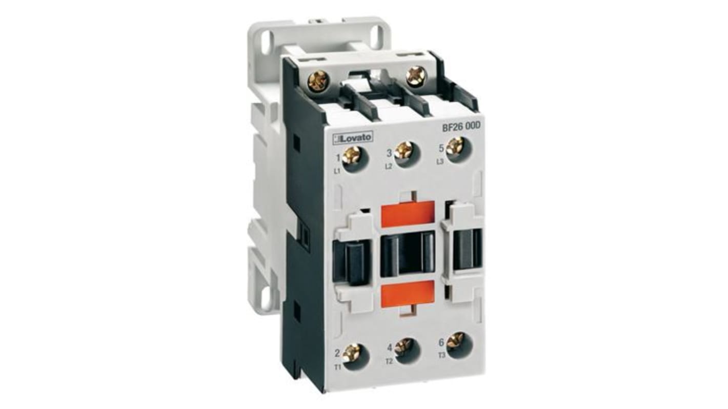 Contattore Lovato BF2600L024, 3 poli, 3 contatti normalmente aperti, 26 A, bobina 24 V c.c., montaggio fino a 8 unità ausiliarie.