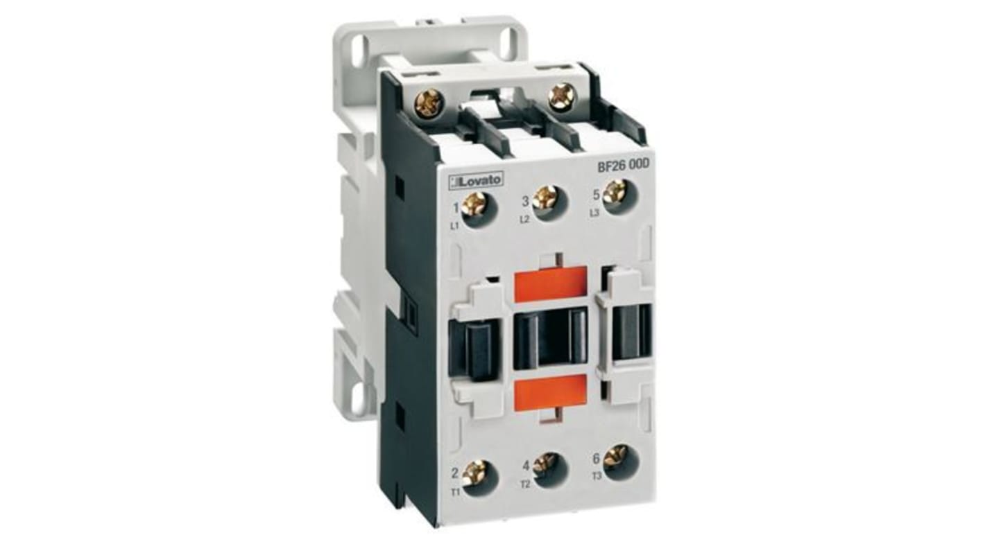 Contattore Lovato BF3200L024, 3 poli, 32 A, bobina 24 V c.c., montaggio fino a 8 moduli ausiliari.