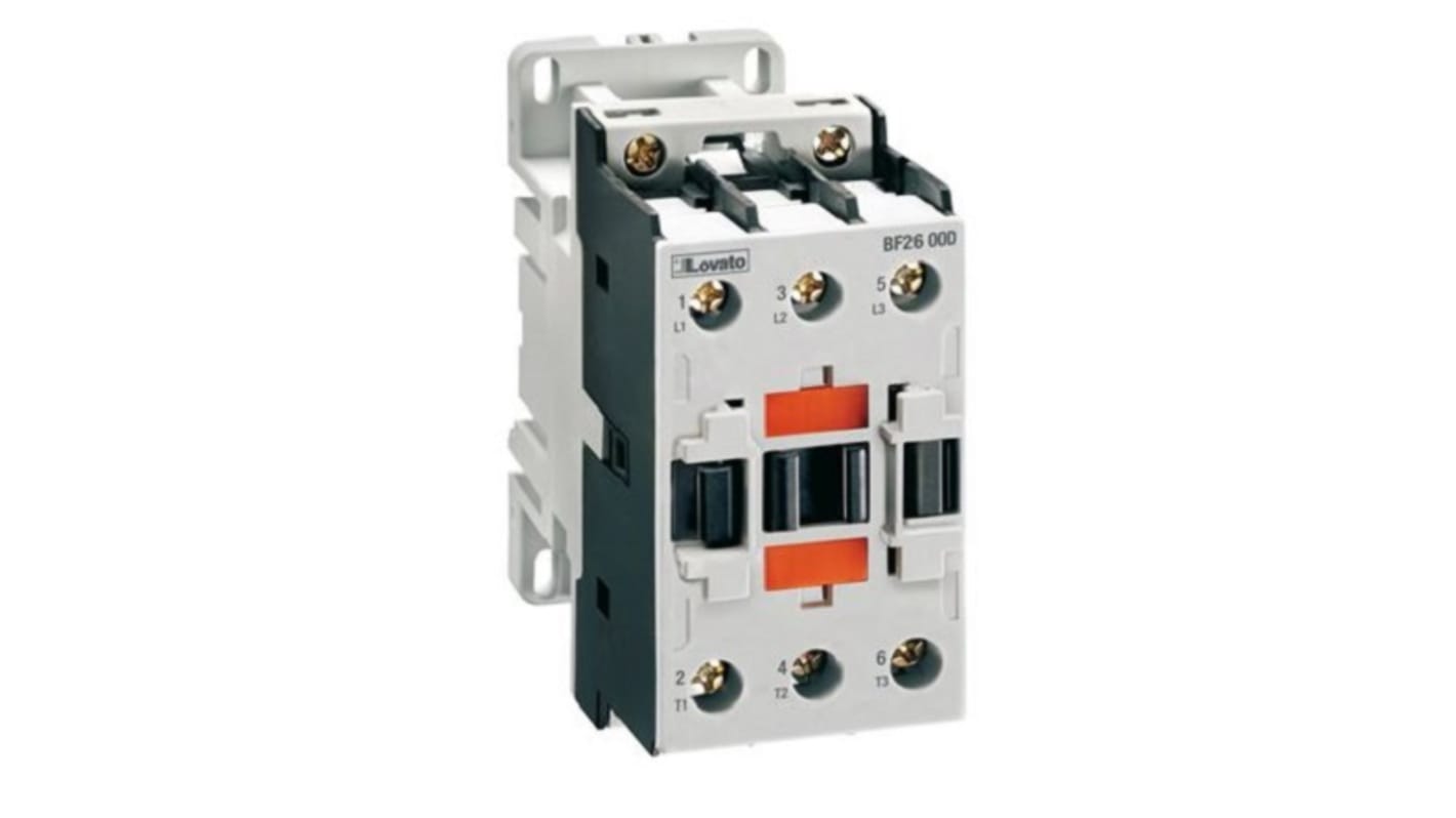 Contattore Lovato BF3800L024, 3 poli, 3 contatti normalmente aperti, 38 A, bobina 24 V c.c., montaggio per unità ausiliarie.