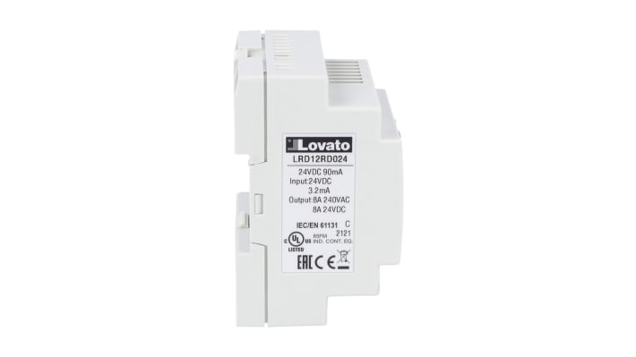 CPU PLC Lovato LRD12RD024, 8 ingressi, 4 uscite relè, montaggio su guida DIN, dimensioni 72 x 90 x 59,6 mm.