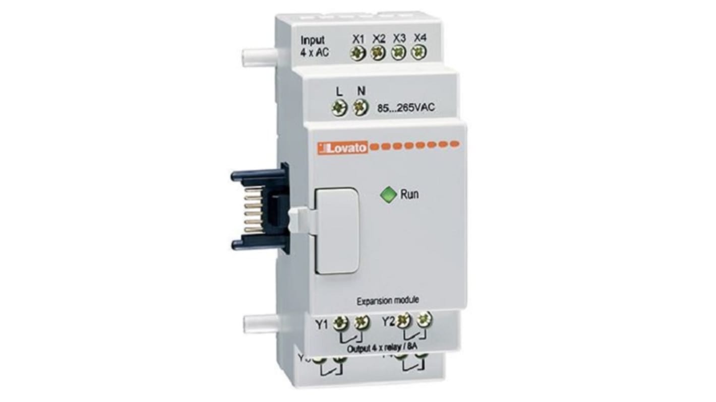 Modulo di espansione Lovato LRE08RA240 per PLC, con 4 ingressi digitali e 4 uscite relè, certificato UL.