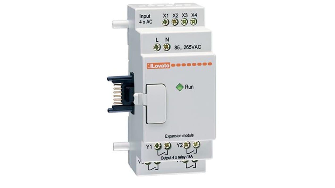 Modulo di espansione Lovato LRE08RD024 per PLC, con 4 ingressi digitali e 4 uscite relè, certificato UL.