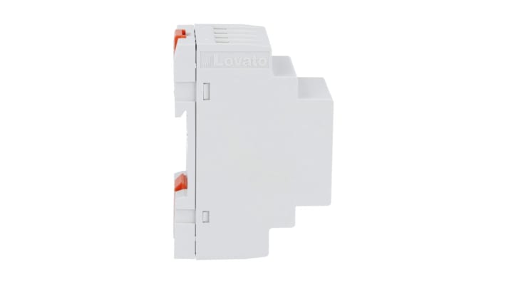Relè di monitoraggio livello Lovato LVM20A240, alimentazione 220-240 V CA, montaggio su guida DIN, dimensioni 35,8 x 63 x 104,7 mm.