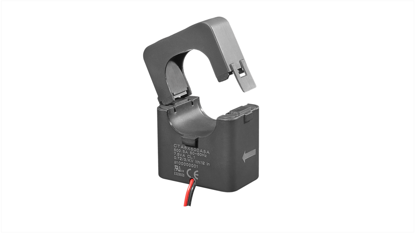 Trasformatore di corrente Carlo Gavazzi CTA5X100A5A, rapporto 100:5, foro 24mm, dimensioni 85.5mm x 46mm, grado di protezione IP20.