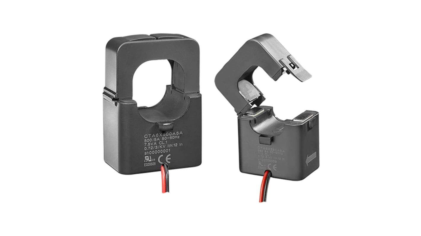 Trasformatore di corrente Carlo Gavazzi CTA5X150A5A, rapporto 150:5, foro 24mm, altezza 85.5mm, installazione rapida.