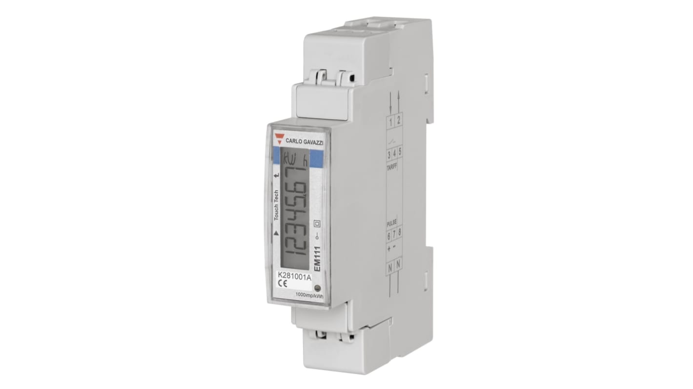 Contatore di energia monofase Carlo Gavazzi EM111DINAV81XM1PFB, montaggio su guida DIN, display LCD 7 cifre, precisione 0,5%.
